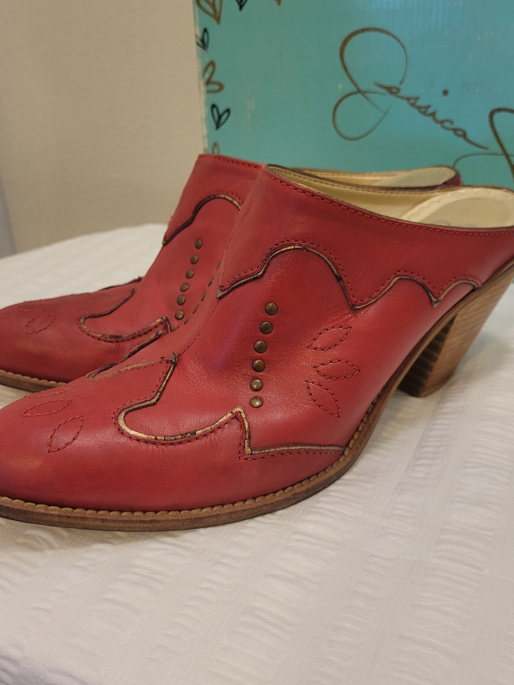 JESSICA SIMPSON Red Leather Western-Inspired Mule Heels     #56
